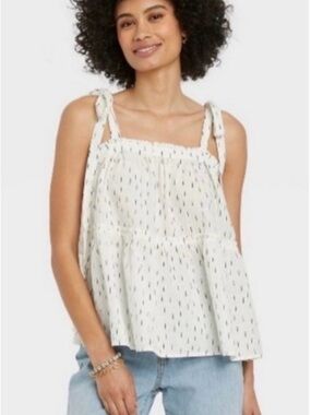 Universal Thread White Tie Shoulder Smocked Yoke Cami Babydoll Top Size M